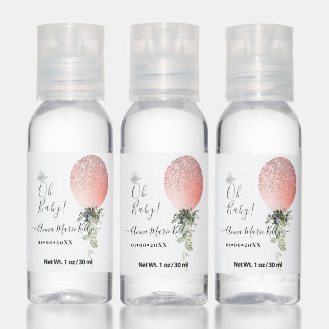 PixDezines Glitter Blush Pink Balloon Baby Shower Hand Sanitizer (Set)