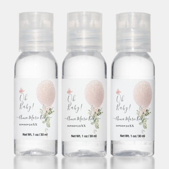 PixDezines Glitter Blush Pink Balloon Baby Shower Hand Sanitizer (Set)