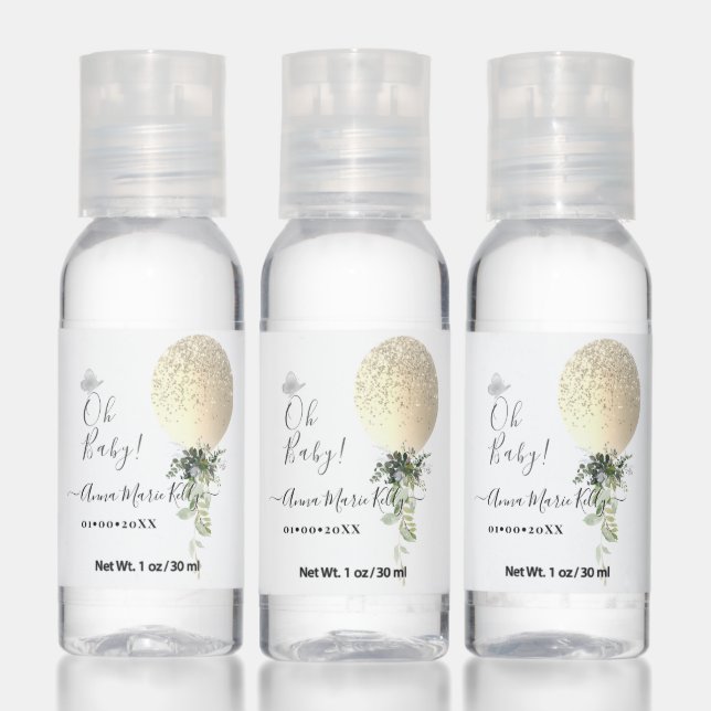 PixDezines Glitter Gold Balloon Baby Shower Hand Sanitizer (Set)