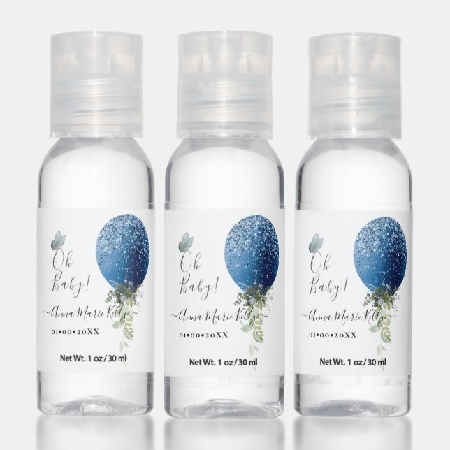 PixDezines Glitter Navy Blue Balloon Baby Shower Hand Sanitizer (Set)