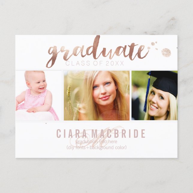 PixDezines Graduation/Rose Gold Script Font Invitation Postcard (Front)