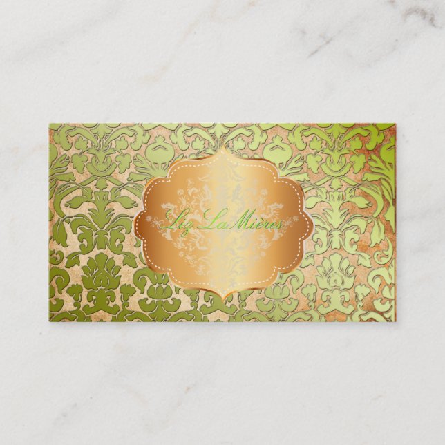 PixDezines green flora damask/faux parchment Business Card (Front)