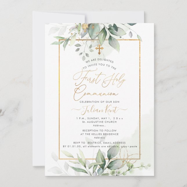 PixDezines Green Gold Eucalyptus 1stHoly Communion Invitation (Front)