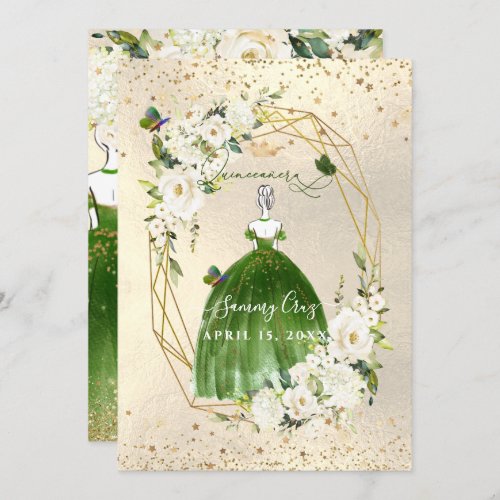 PixDezines Green Quinceanera H2 Alabaster Roses  Invitation