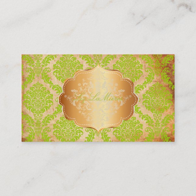 PixDezines green Rosette damask/faux parchment Business Card (Front)