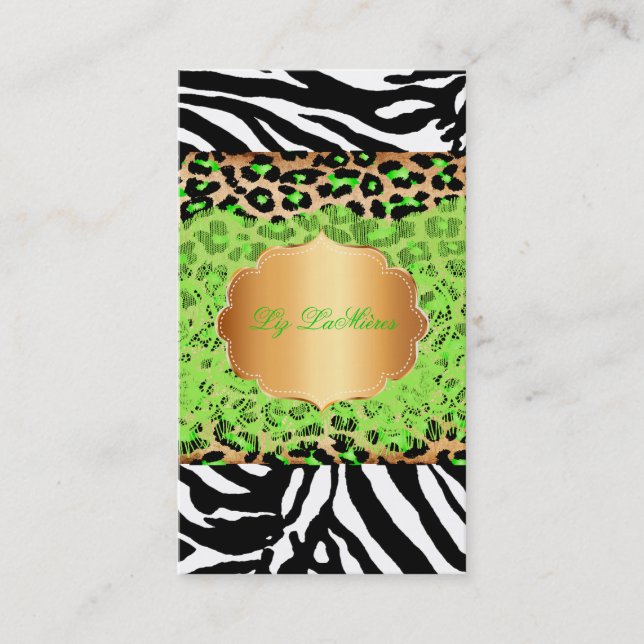 PixDezines green vintage lace+cheetah+zebra Business Card (Front)