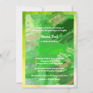 PixDezines Green Watercolor Abstract Bat Mitzvah Invitation