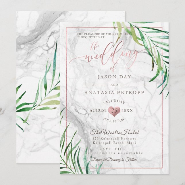 PixDezines Greenery Palms+Marble+Rose Gold Heart Invitation (Front/Back)