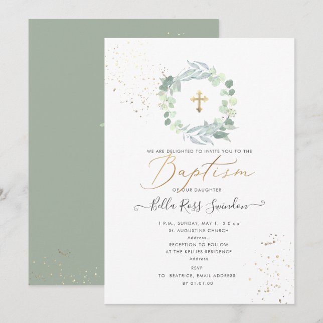 PixDezines Greenery Watercolor Eucalyptus Baptism Invitation (Front/Back)