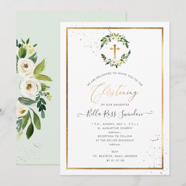 PixDezines Greenery Watercolor White Roses Wreath Invitation (Front/Back)