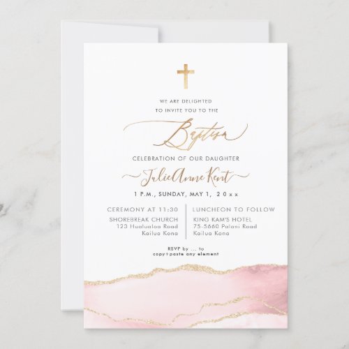 PixDezines H2 Agate Blush Pink Gold Baptism Invitation