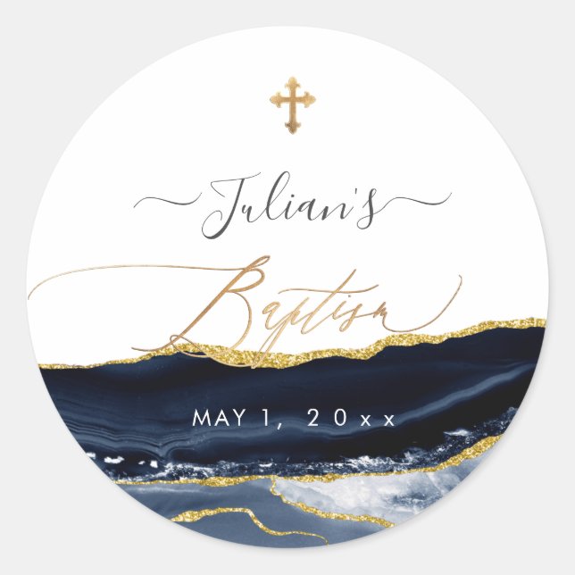 PixDezines H2 Agate Navy Blue Gold Baptism Classic Round Sticker (Front)