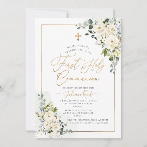 PixDezines H2 Alabaster Roses First Holy Communion Invitation