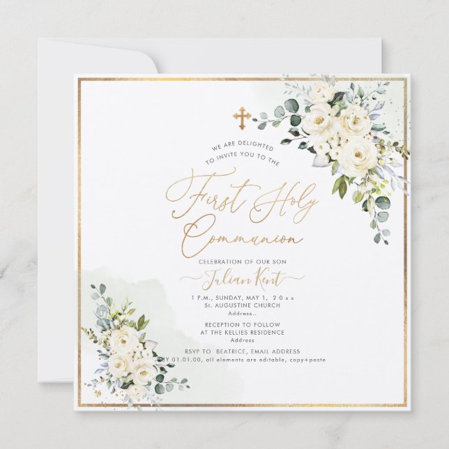 PixDezines H2 Alabaster Roses First Holy Communion Invitation (Front)