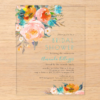 PixDezines H2 Aqua Peach Peonies Bridal Acrylic Enclosure Card