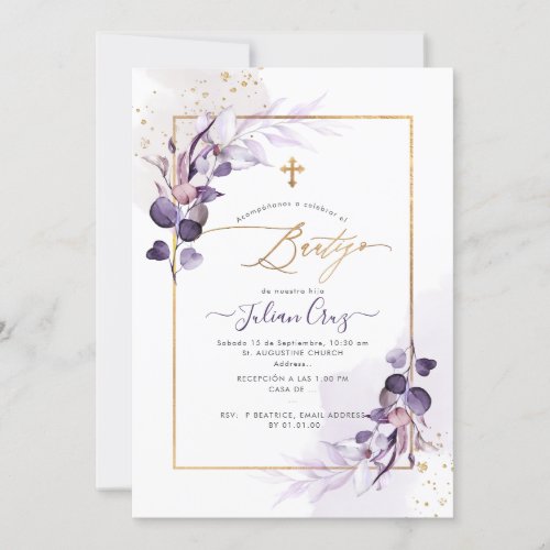 PixDezines H2 Aubergine Eucalyptus Bautizo Invitation