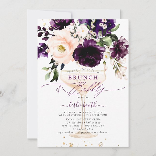 PixDezines H2 Aubergine Peonies Rose BrunchBubbly  Invitation (Front)