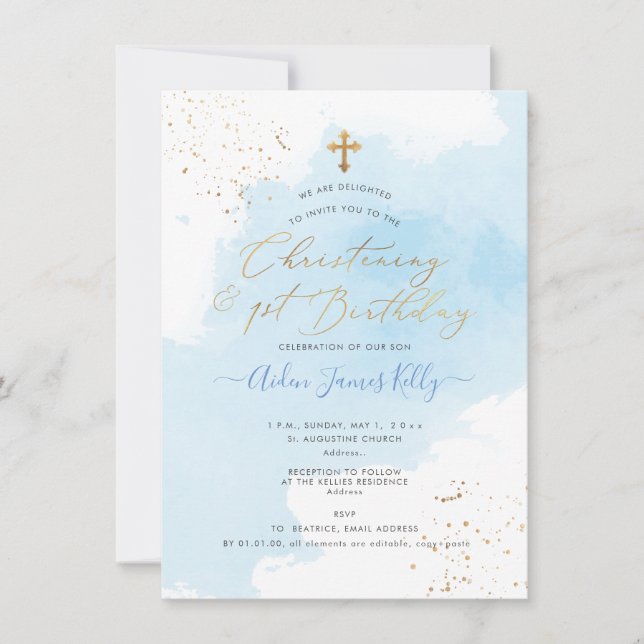 PixDezines H2 Blue Christening+1st Birthday Invitation (Front)