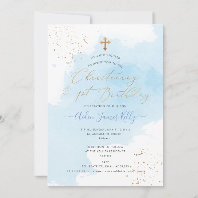 PixDezines H2 Blue Christening+1st Birthday Invitation (Front)