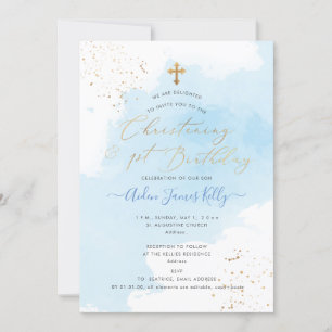 PixDezines H2 Blue Christening+1st Birthday Invitation