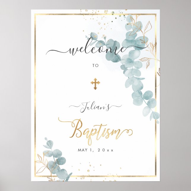 PixDezines H2 Blue Eucalyptus Baptism Welcome Poster (Front)