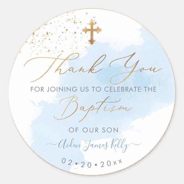 PixDezines H2 Blue Gold Dust Baptism Thank You Classic Round Sticker (Front)