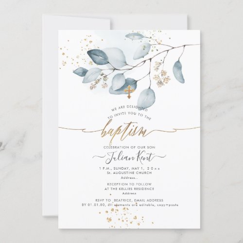 PixDezines H2 Blue Gum Eucalyptus Baptism Invitation