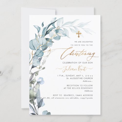 PixDezines H2 Blue Gum Eucalyptus Christening Invitation