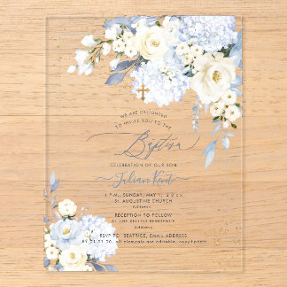 PixDezines H2 Blue Hydrangeas Cream Roses Baptism Acrylic Enclosure Card