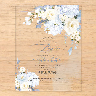PixDezines H2 Blue Hydrangeas Cream Roses Baptism Acrylic Enclosure Card