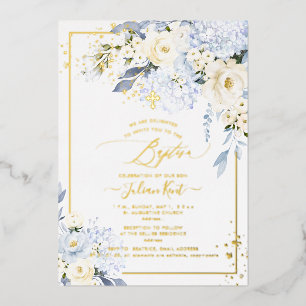PixDezines H2 Blue Hydrangeas Cream Roses Baptism  Foil Invitation