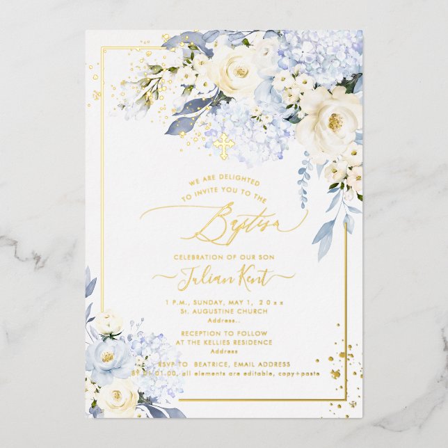 PixDezines H2 Blue Hydrangeas Cream Roses Baptism  Foil Invitation (Front)