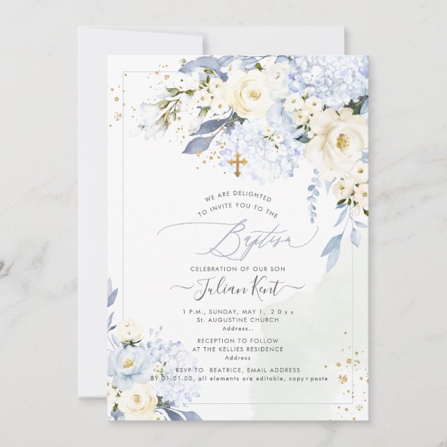 PixDezines H2 Blue Hydrangeas Cream Roses Baptism Invitation (Front)