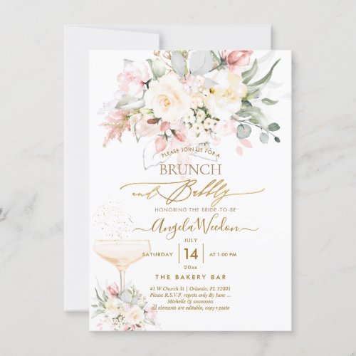 PixDezines H2 Blush Alabaster Roses Brunch Bubbly Invitation