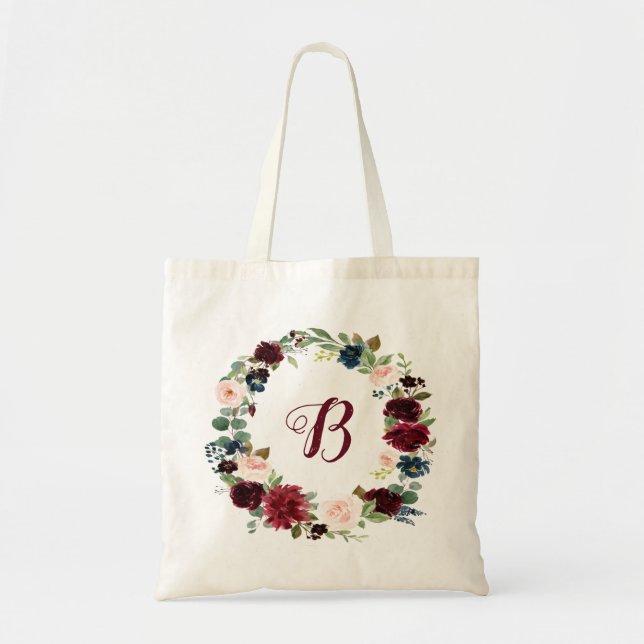 PixDezines H2 Blush Burgundy Navy Flowers Bridal Tote Bag (Front)