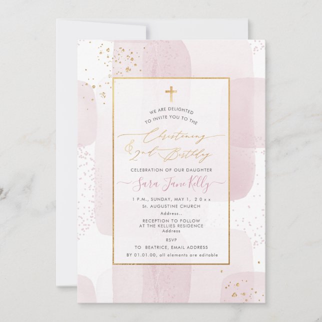 PixDezines H2 Blush Christening+2nd Birthday Invitation (Front)