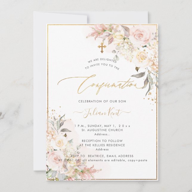 PixDezines H2 Blush Cream Roses Confirmation Invitation (Front)