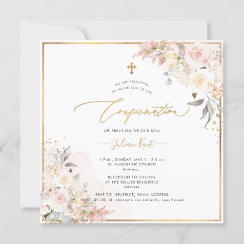 PixDezines H2 Blush Cream Roses Confirmation Invitation