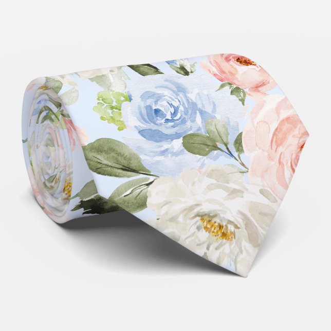 PixDezines H2 Blush Navy+Dusty Blue Roses Neck Tie (Rolled)