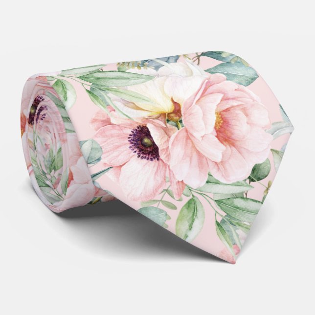 PixDezines H2 Blush Peonies Anemonies Eucalyptus Neck Tie (Rolled)