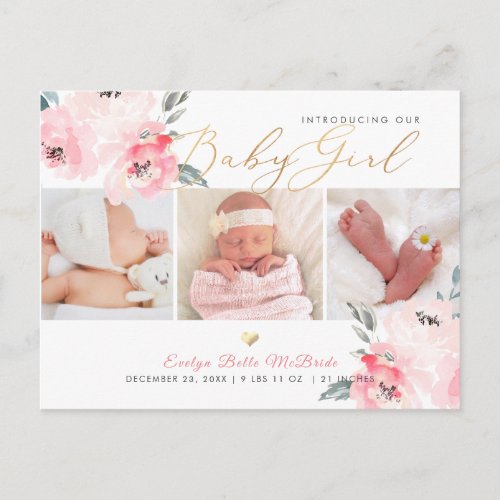 PixDezines H2 Blush Peonies Birth Announcement Postcard