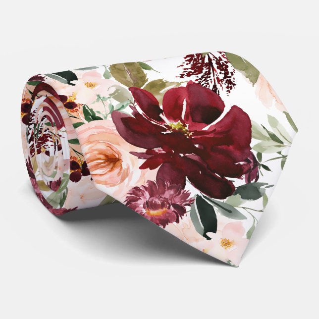 PixDezines H2 Blush Pink Burgundy Flowers  Neck Tie (Rolled)