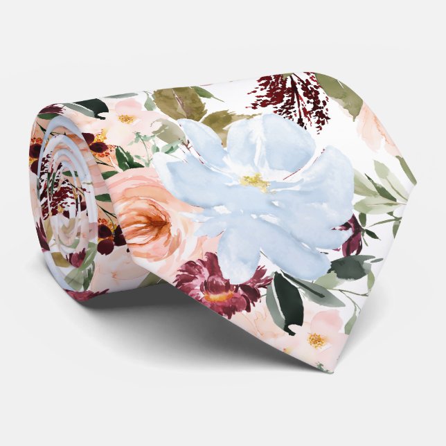 PixDezines H2 Blush Pink Dusty Blue Flowers  Neck Tie (Rolled)