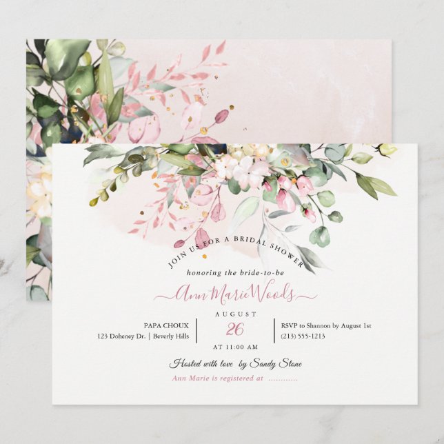 PixDezines H2 Blush Pink Eucalyptus Bridal Shower Invitation (Front/Back)