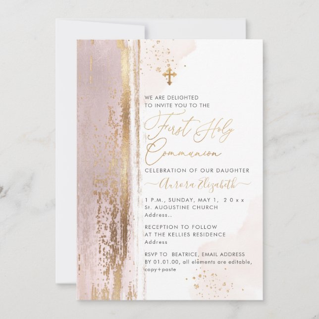PixDezines H2 Blush Pink First Holy Communion Invi Invitation (Front)