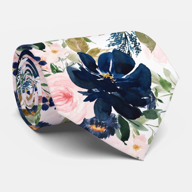 PixDezines H2 Blush Pink Navy Flowers  Neck Tie (Rolled)
