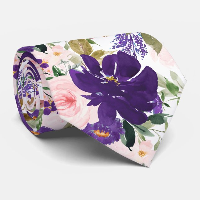 PixDezines H2 Blush Pink Purple Flowers  Neck Tie (Rolled)