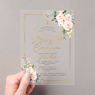 PixDezines H2 Blush Roses First Holy Communion In Acrylic Invitations