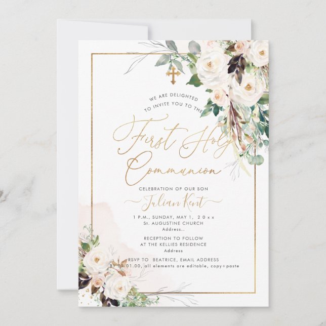 PixDezines H2 Blush Roses First Holy Communion Invitation (Front)