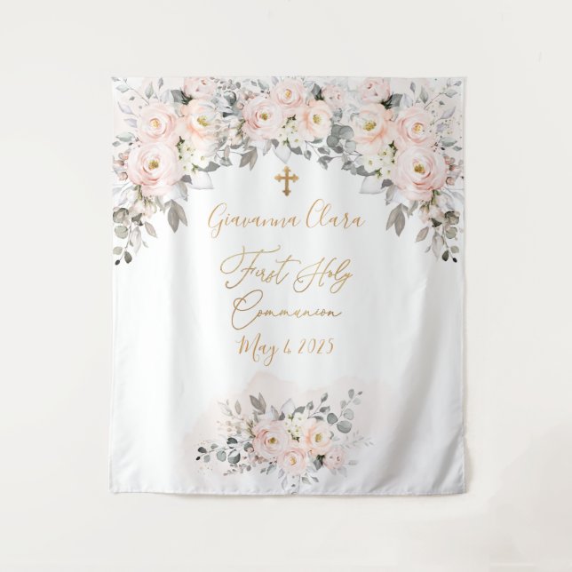 PixDezines H2 Blush Roses First Holy Communion  Tapestry (Front)